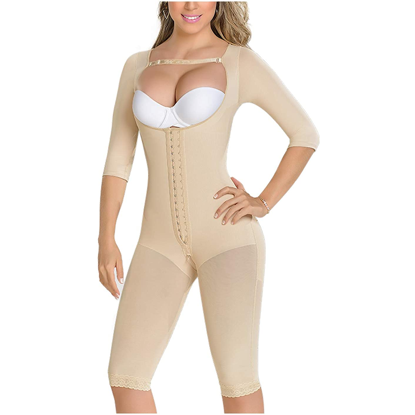 Knee Length Shaping Bodysuit With Sleeves High-Back Recovery Compression Garment Shapewear With Straps For Women