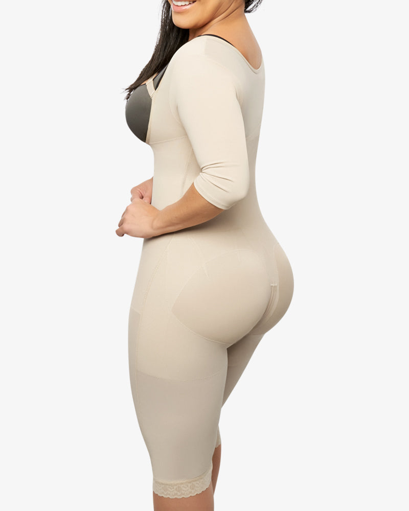 Hook-eye Shapewear Bodysuit With Sleeves Knee Length Compression Garment With Removable Strap