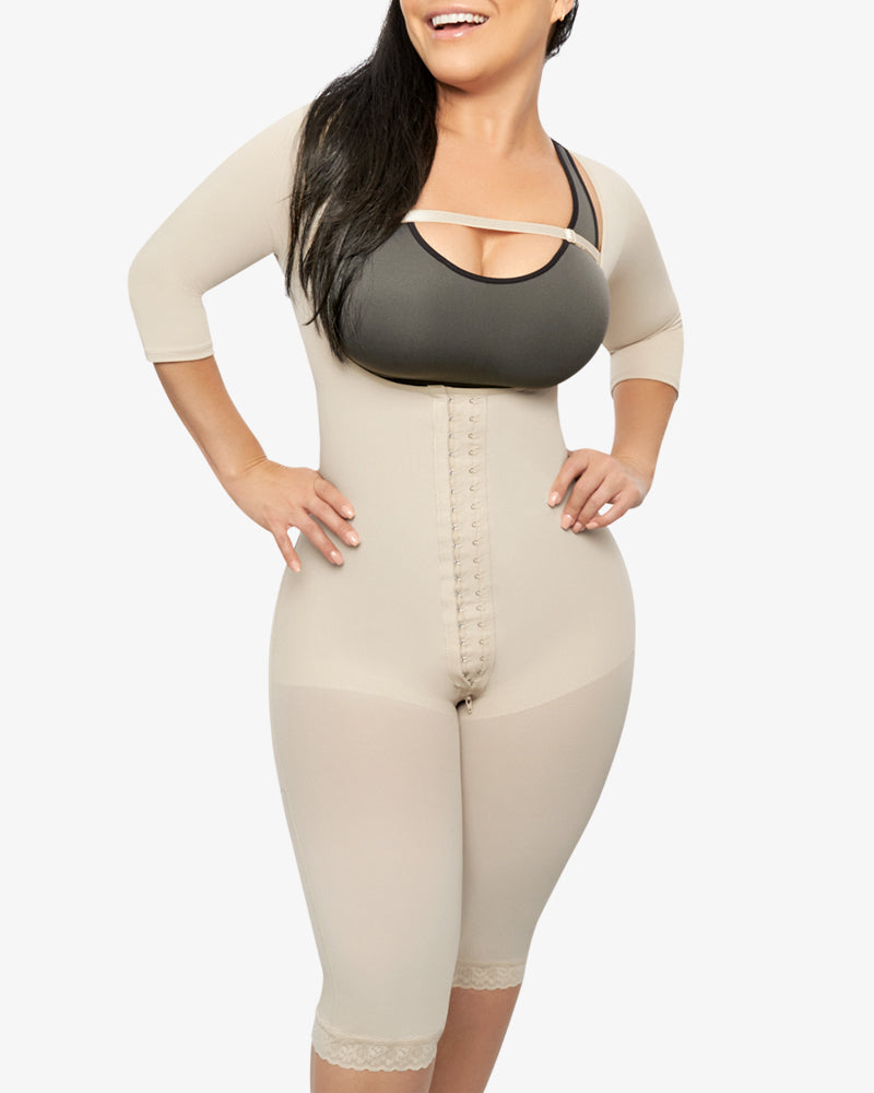 Hook-eye Shapewear Bodysuit With Sleeves Knee Length Compression Garment With Removable Strap