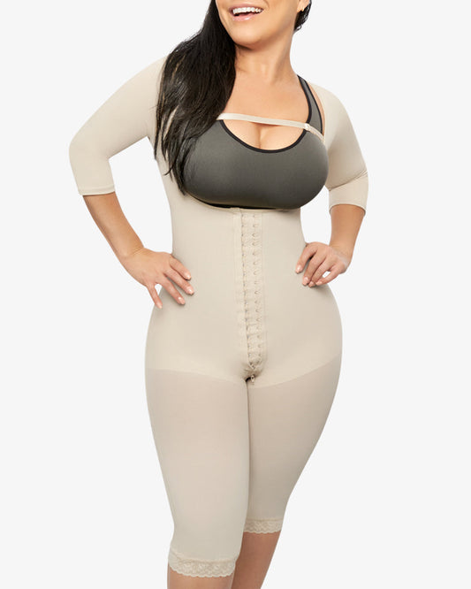 Hook-eye Shapewear Bodysuit With Sleeves Knee Length Compression Garment With Removable Strap