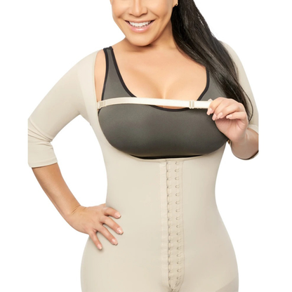 Hook-eye Shapewear Bodysuit With Sleeves Knee Length Compression Garment With Removable Strap